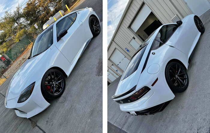 H&R lowering springs on lowered white 2023 Nissan Z + blacked out spoiler and katana blade